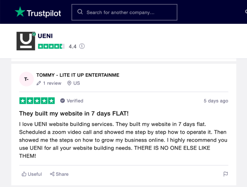 Review of UENI on Trustpilot