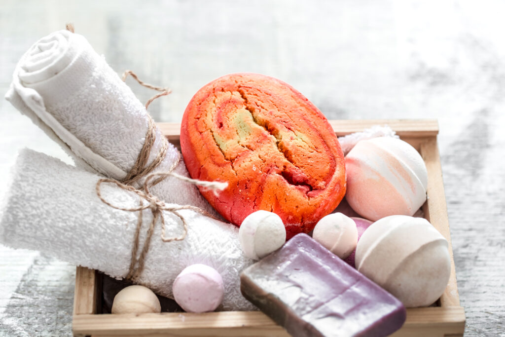 beauty care products in wooden box