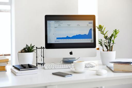 A silver computer with a line graph showing increasing traffic, sales, and conversions