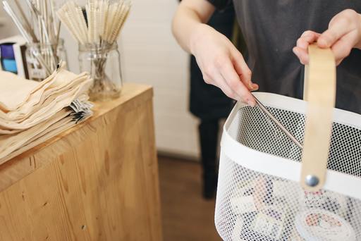 A person holding a white basket full of products