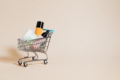 A shopping cart with beauty products inside