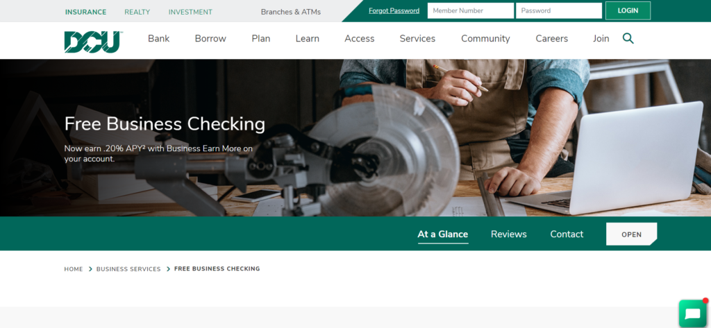 DCU Free Business checking landing page screenshot