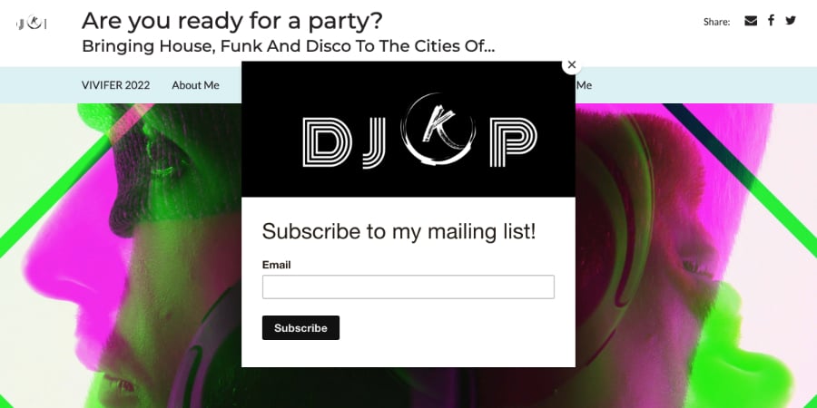 a website with a pop up of a subscribe mailing form