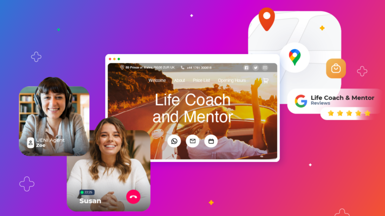 Three images: a videocall, a website and a google map with a pin