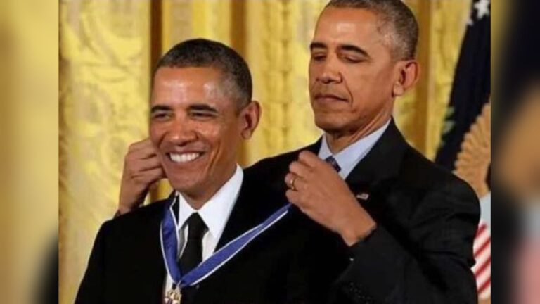 Barack Obama decorating himself