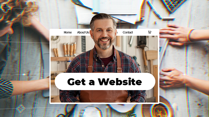 Image of a website and middle aged man on top of it