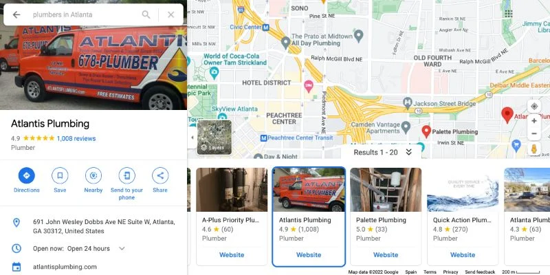 Example of a Google Map Local Search of a Plumber