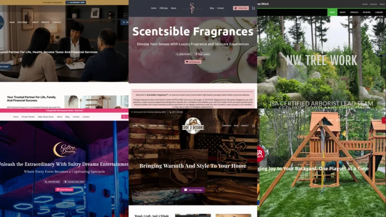 Composite of six UENI customer small business website hero images