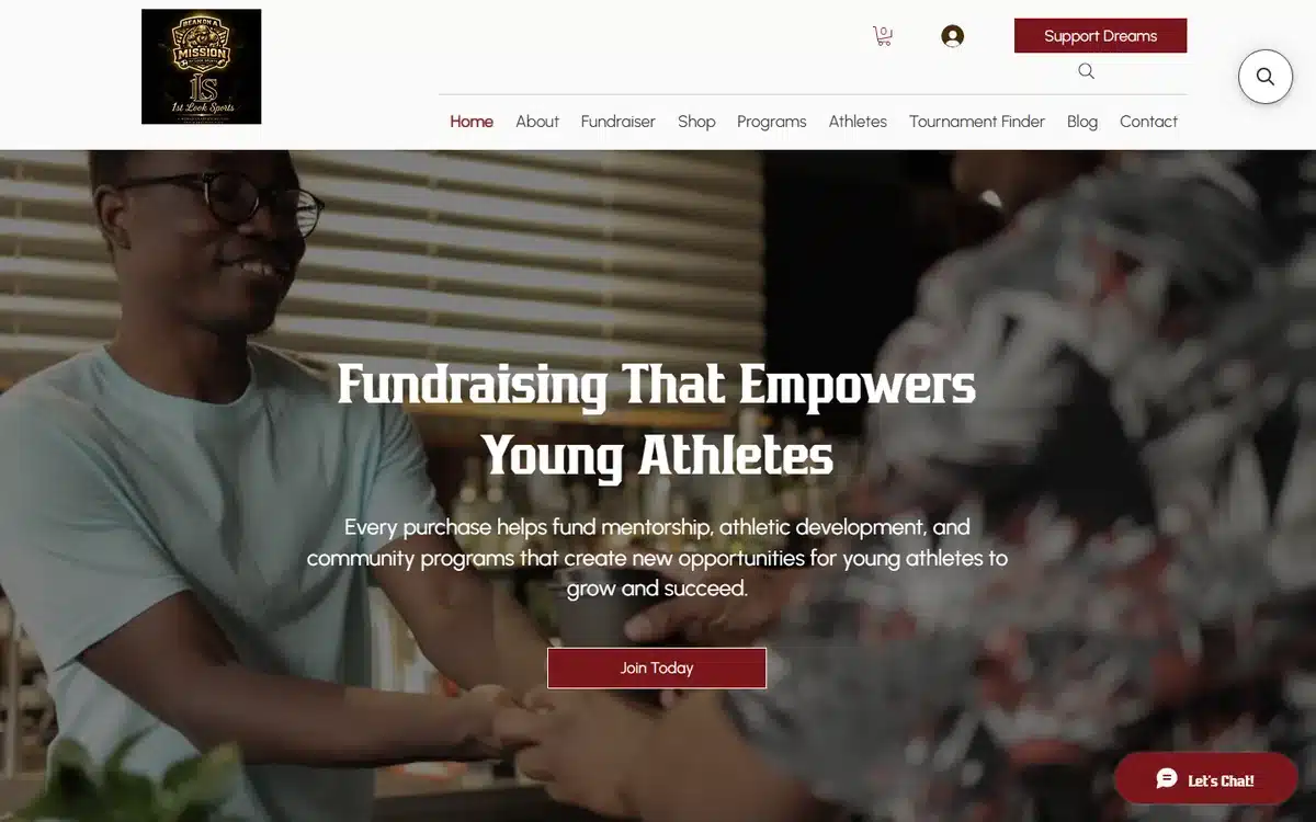 1st Look Sports youth-fundraising website with a mentorship hero photo