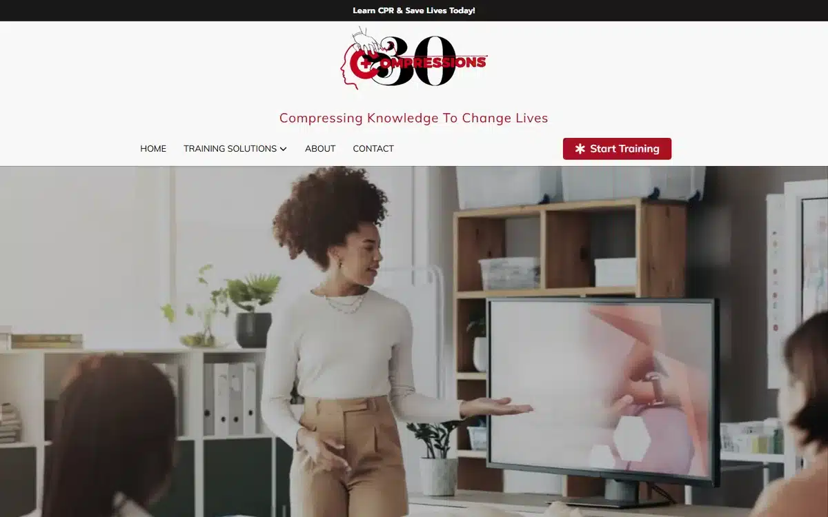 30 Compressions CPR training website with a 30-year anniversary badge logo and instructor hero