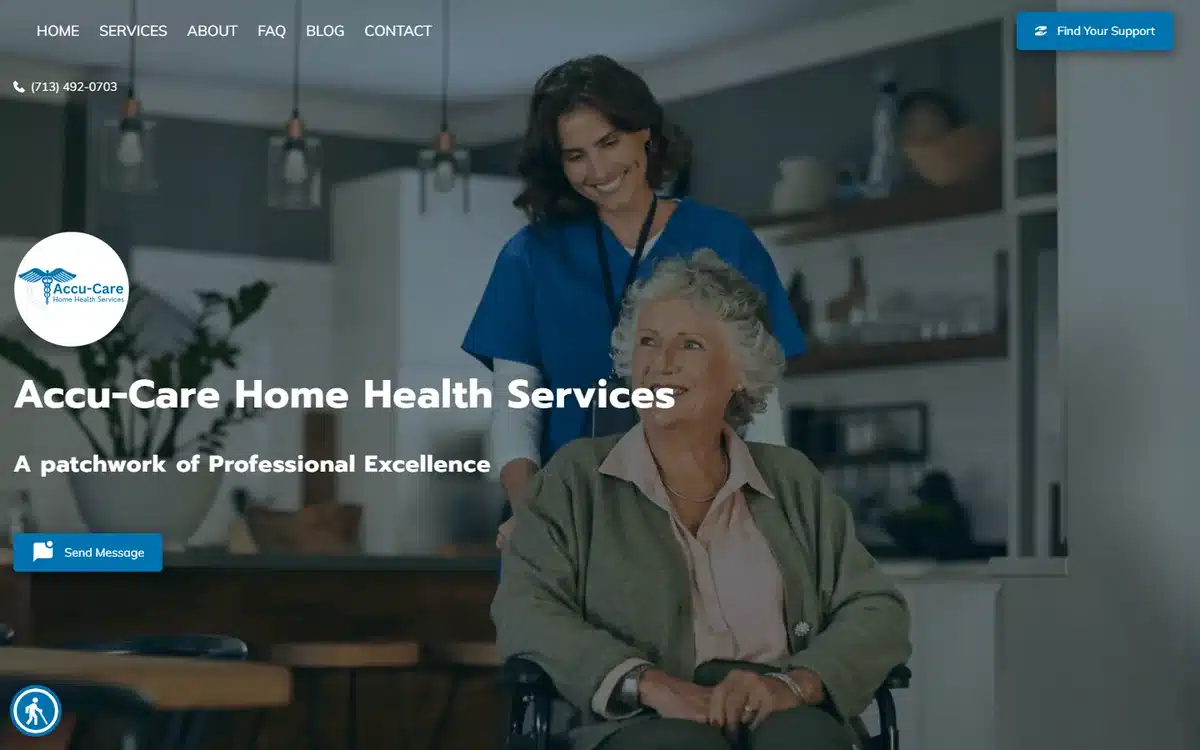 Accucare Home Health website with warm caregiver imagery
