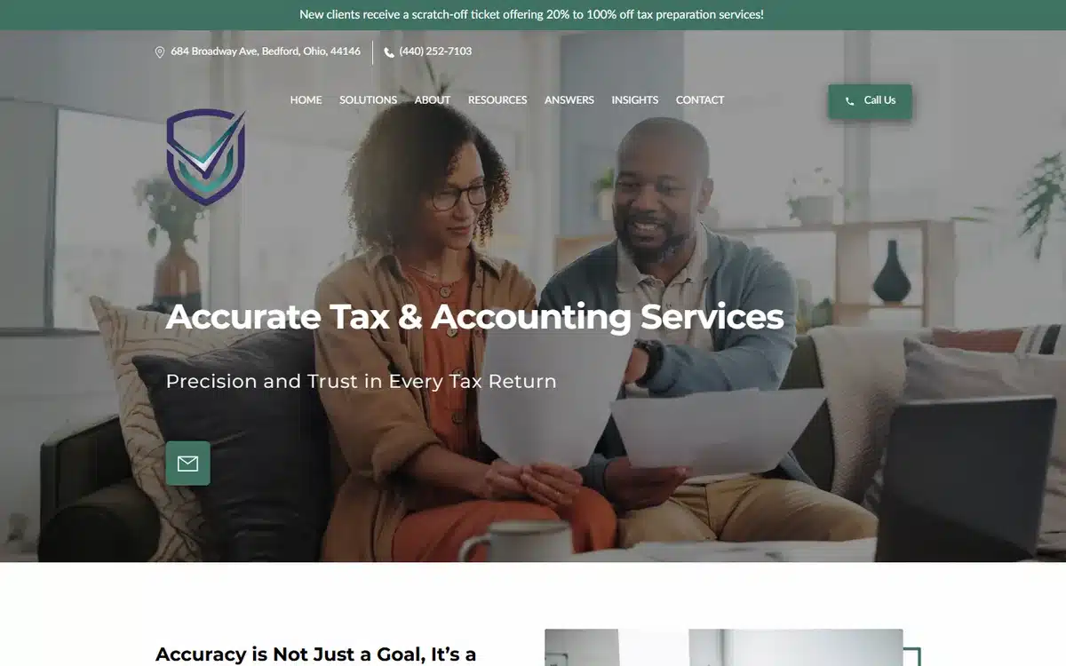 Accurate Tax and Accounting Services accounting website with a shield logo lifestyle photography and a promo banner