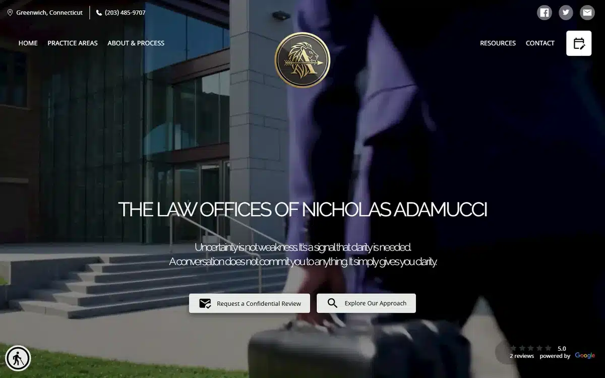 Adamucci LLC law firm website with cinematic photograph of attorney holding briefcase and gold crest logo