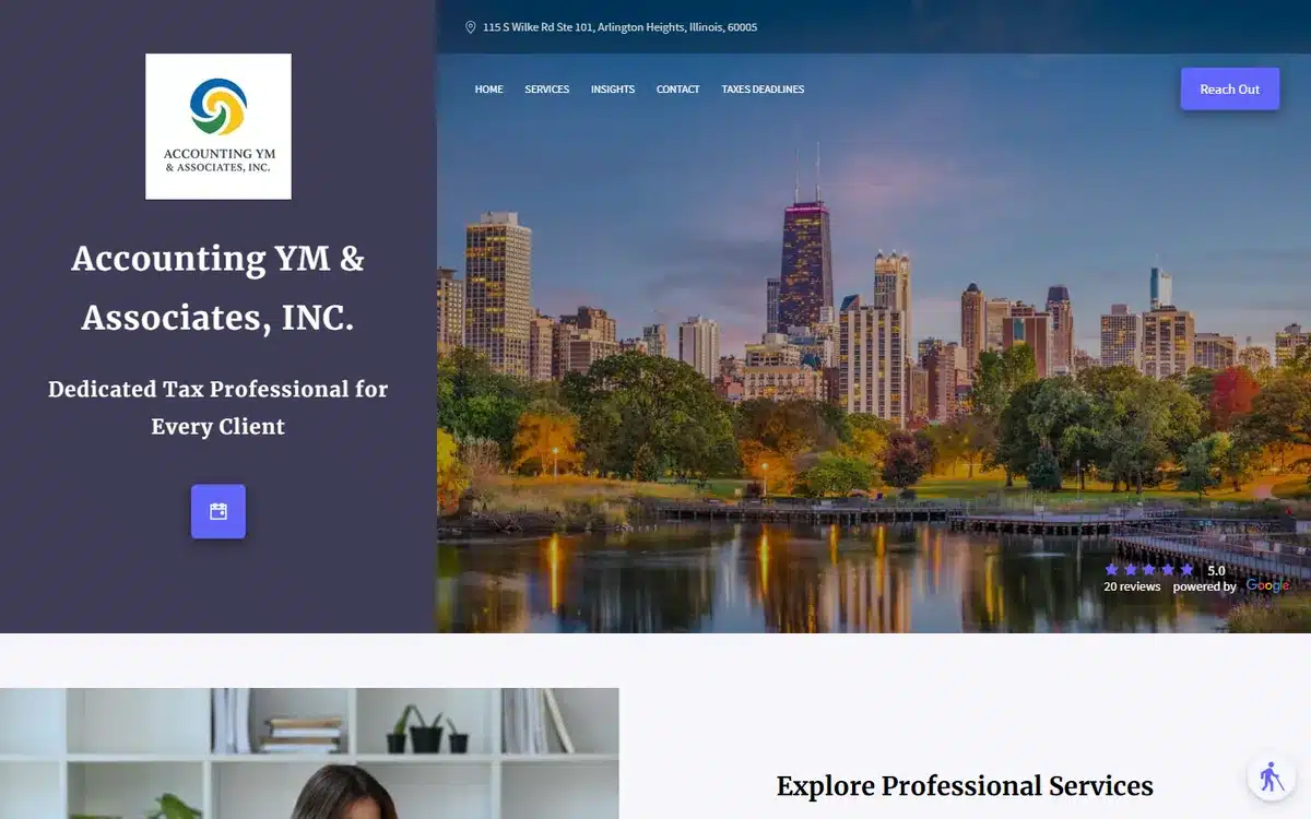 Accounting YM and Associates accounting website with an editorial split-screen purple sidebar and a Chicago skyline hero