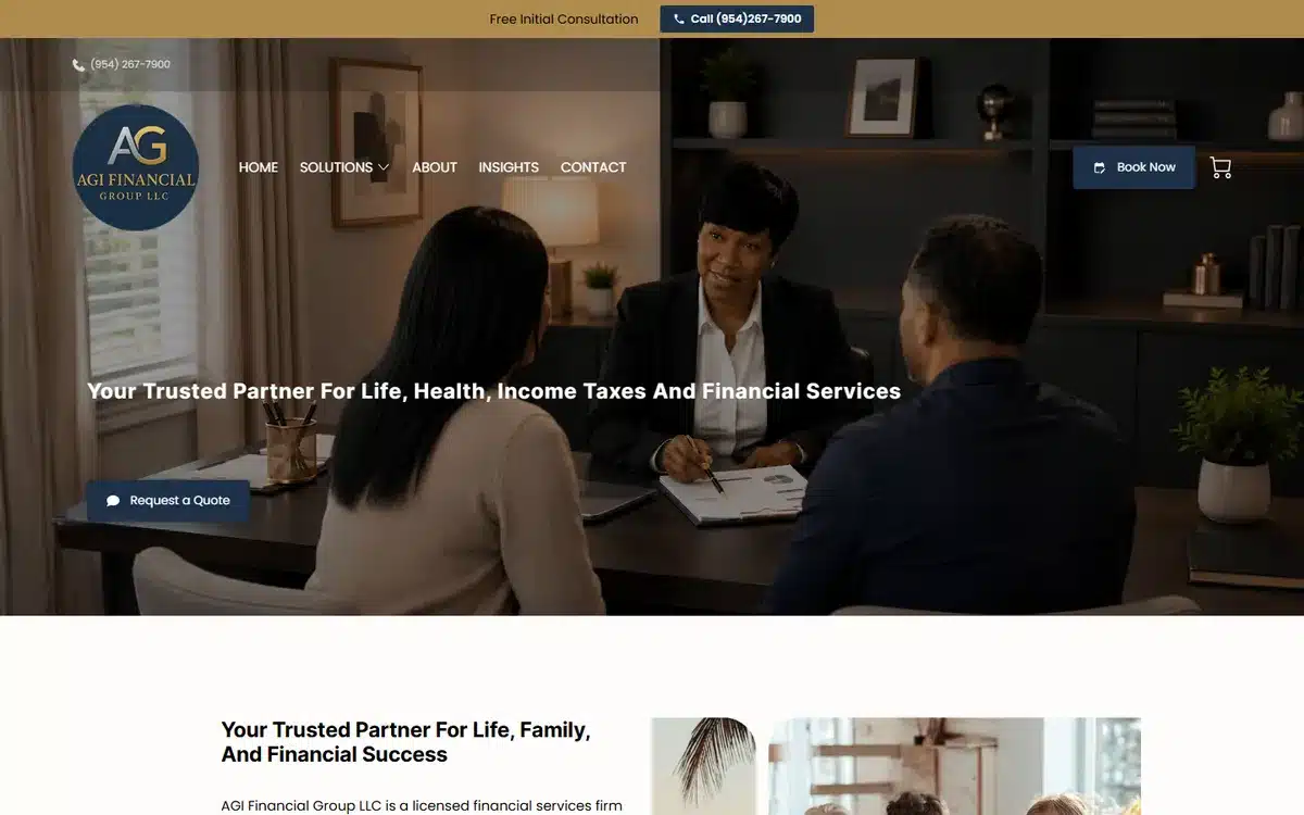 AGI Financial Group small business website with a premium dark hero and advisor-client meeting photo