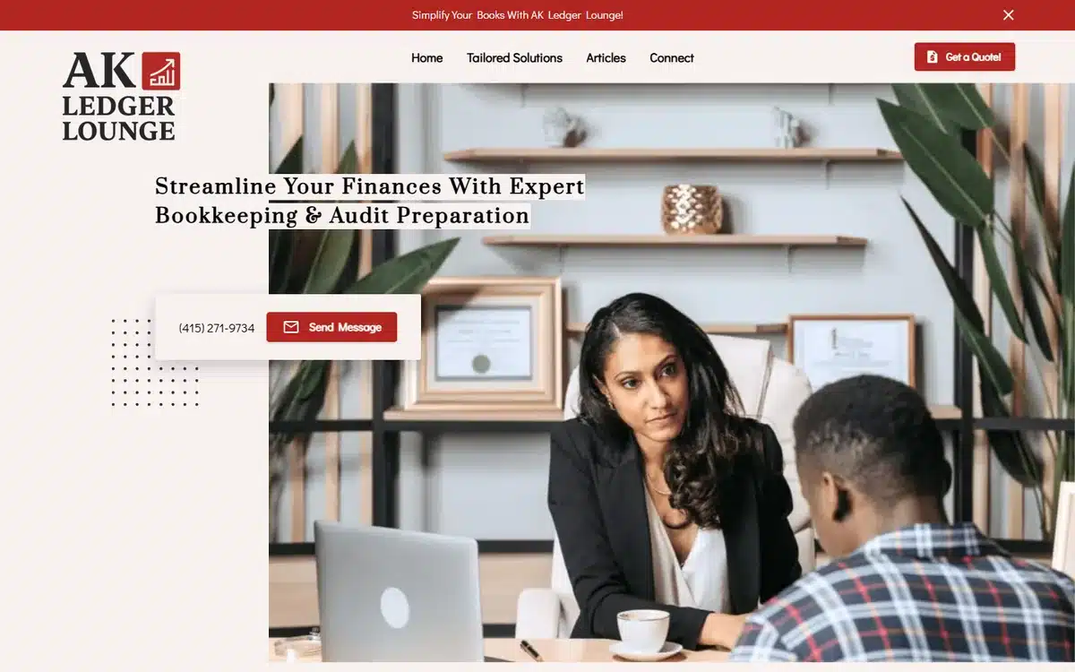 AK Ledger Lounge bookkeeping website with a red logo block and an authentic advisor-and-client meeting photo