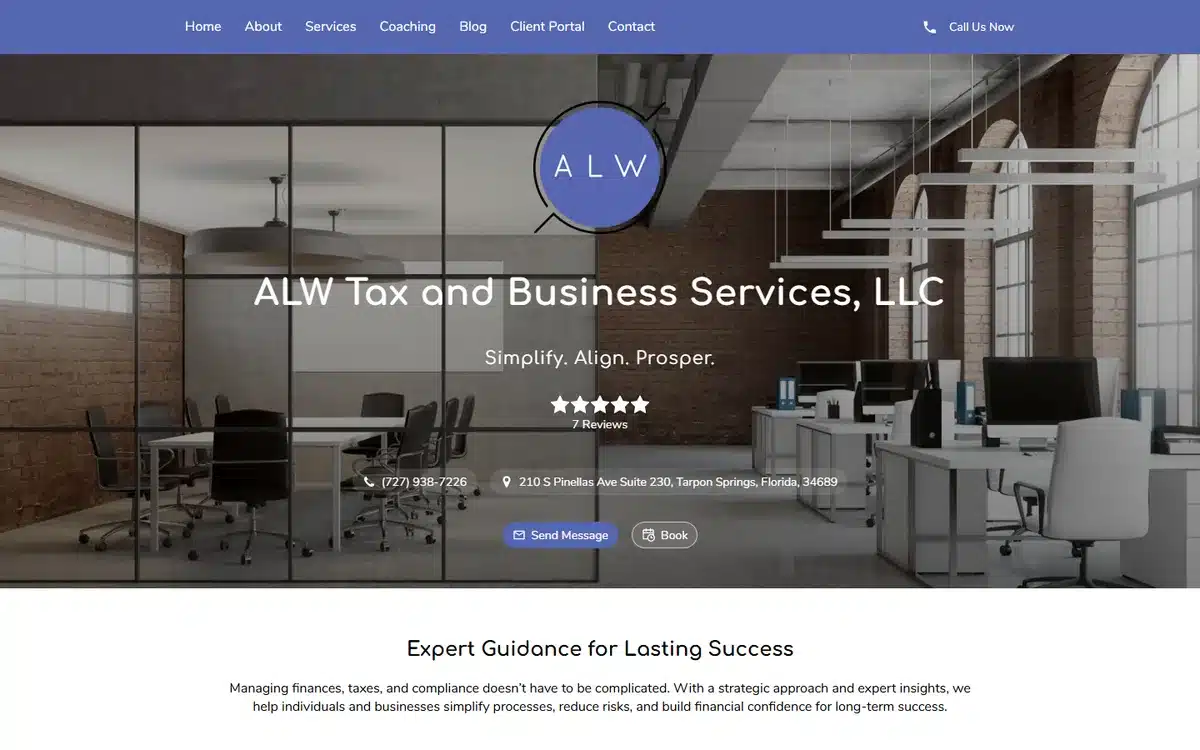 ALW Tax and Business Services accounting website with a monochrome blue glass-conference-room hero