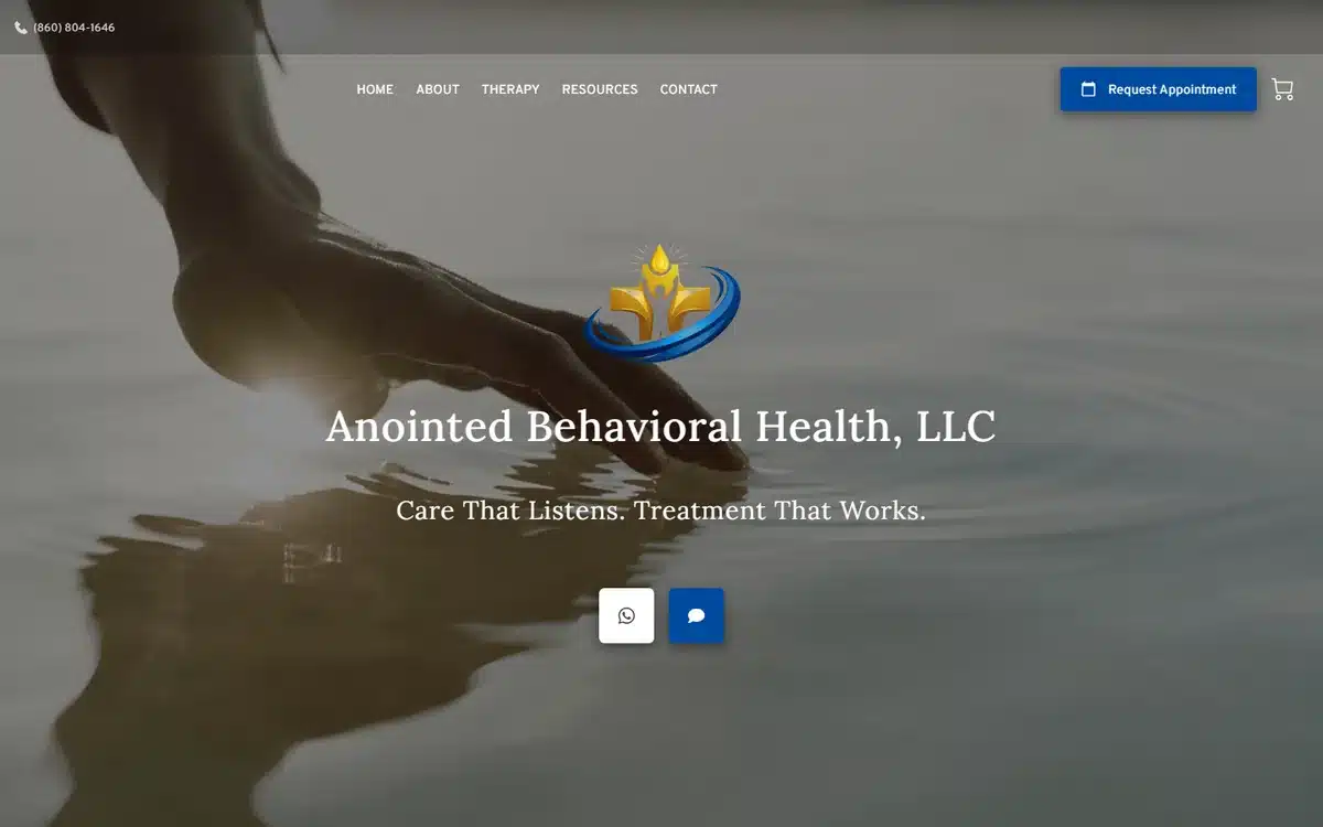Anointed Behavioral Health website with calming gold-on-blue water imagery