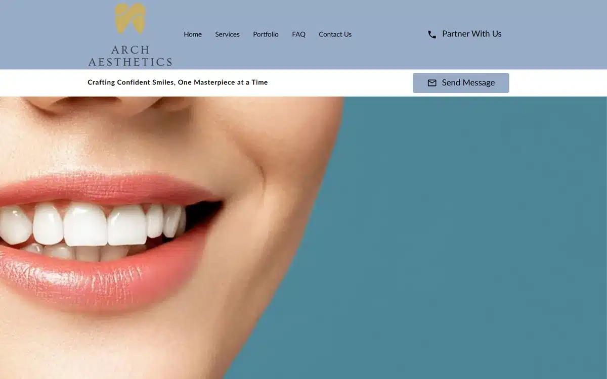 Arch Aesthetics dental website with sculptural close-up smile on teal split-screen