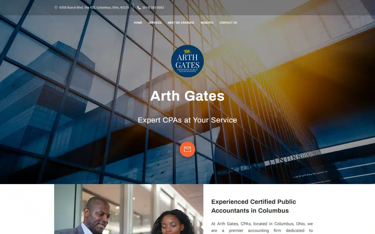 Arth Gates CPA firm website with a modern glass-building hero and a circular brand badge