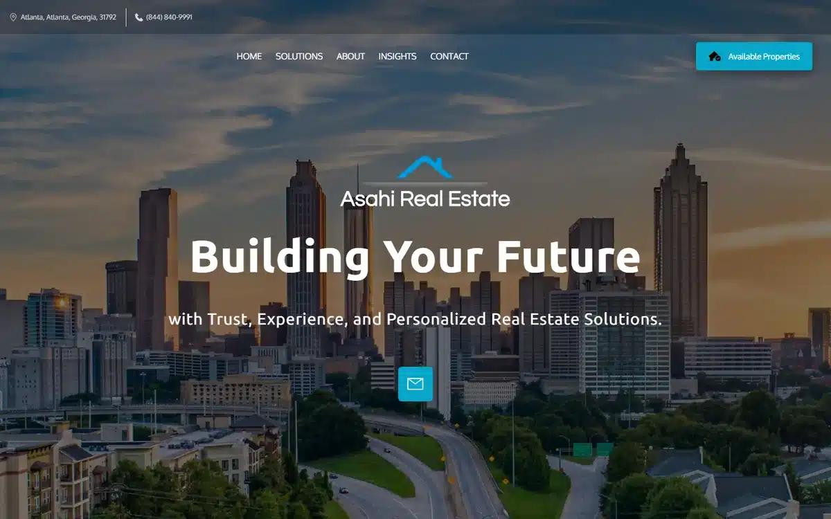 Asahi Real Estate website with moody Atlanta skyline and Building Your Future tagline