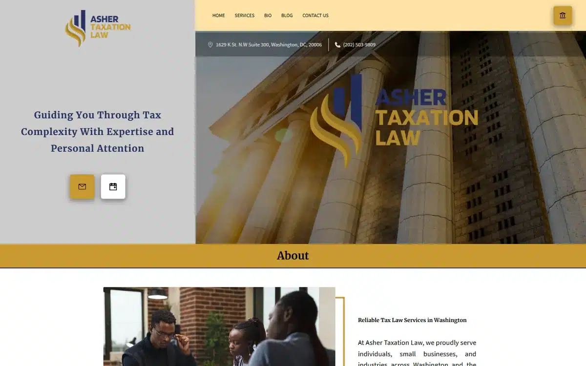 Asher Taxation Law accounting website with a bold yellow-and-navy split layout and a typographic hero
