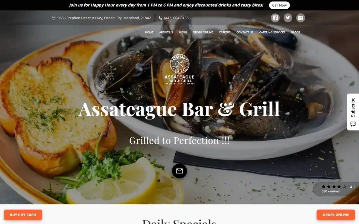 Assateague Bar and Grill website with mussels and garlic bread coastal hero