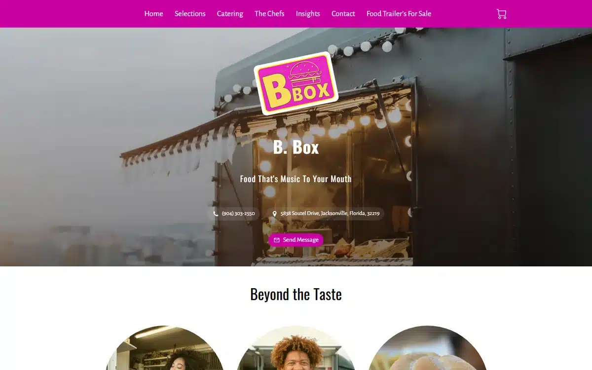 B-Box food truck website with neon signage and bold magenta brand palette