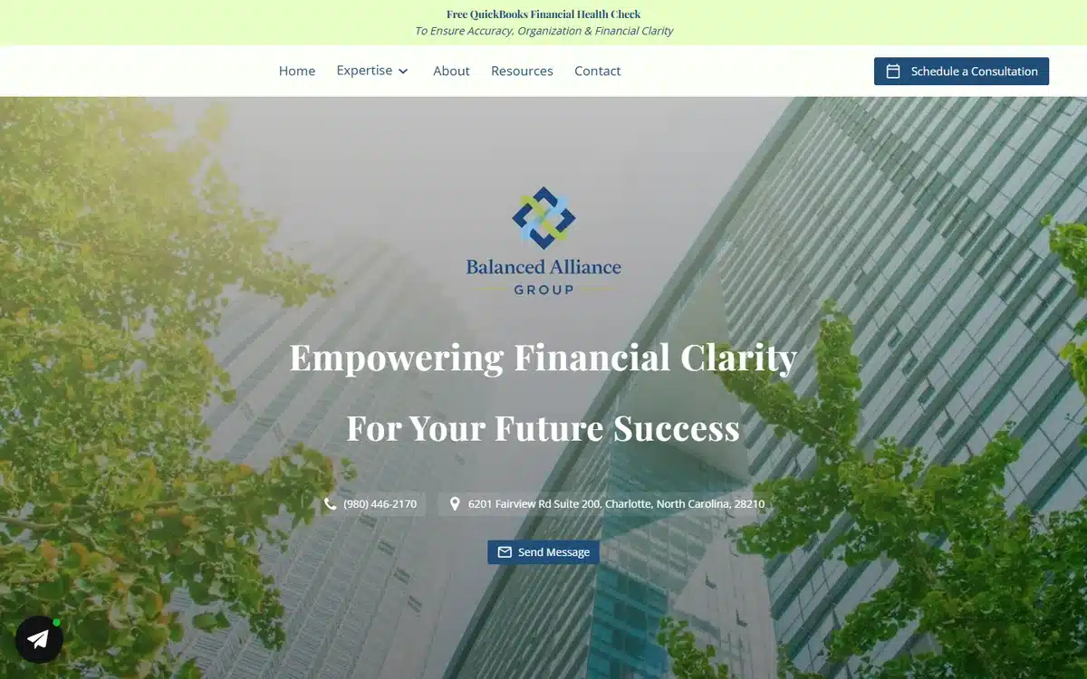 Balanced Alliance Group accounting website with a green-tinted skyscraper hero and a refined diamond logo