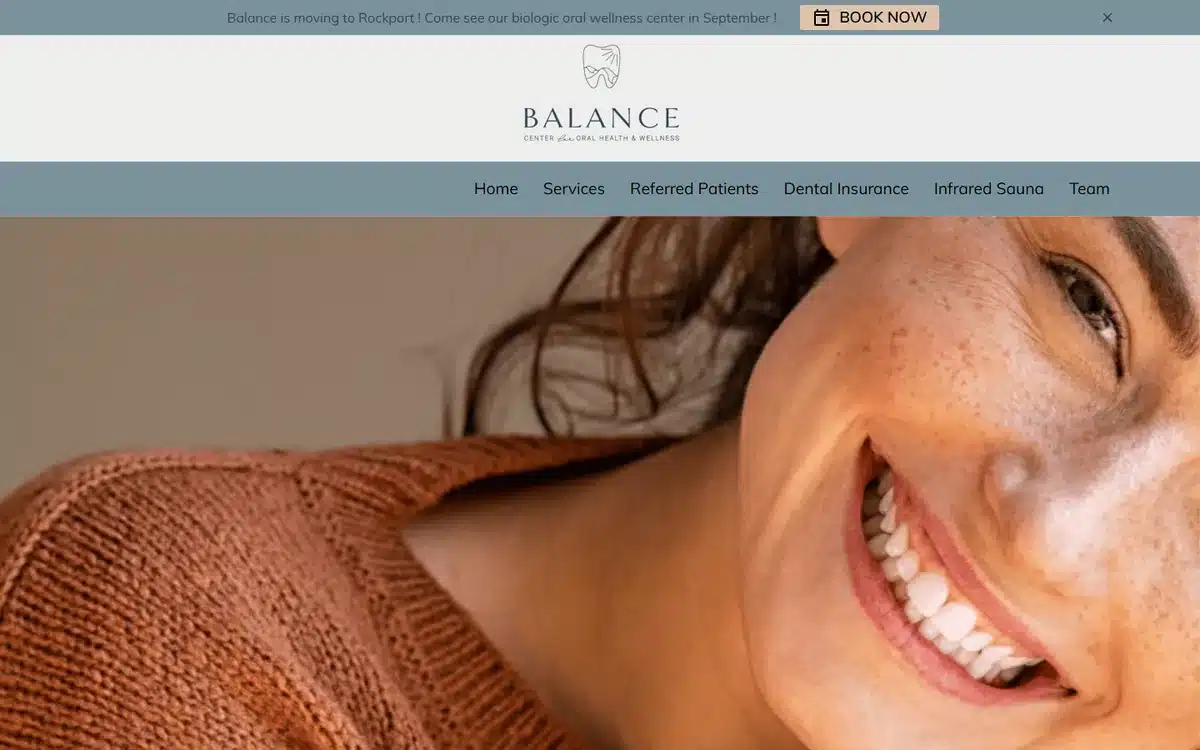 Balanced Dental Hygiene Suite website with earth-toned freckled portrait, editorial feel