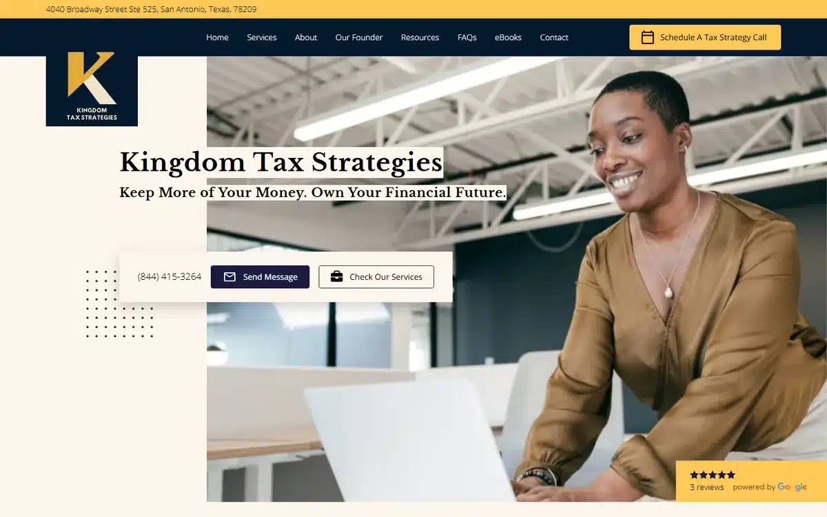 Kingdom Tax Strategies accounting website with a yellow K logo block an authentic founder photo and a review widget