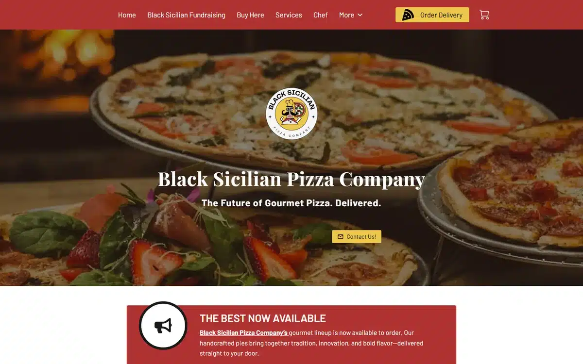 Black Sicilian Pizza Company website with pizza hero and bold red palette