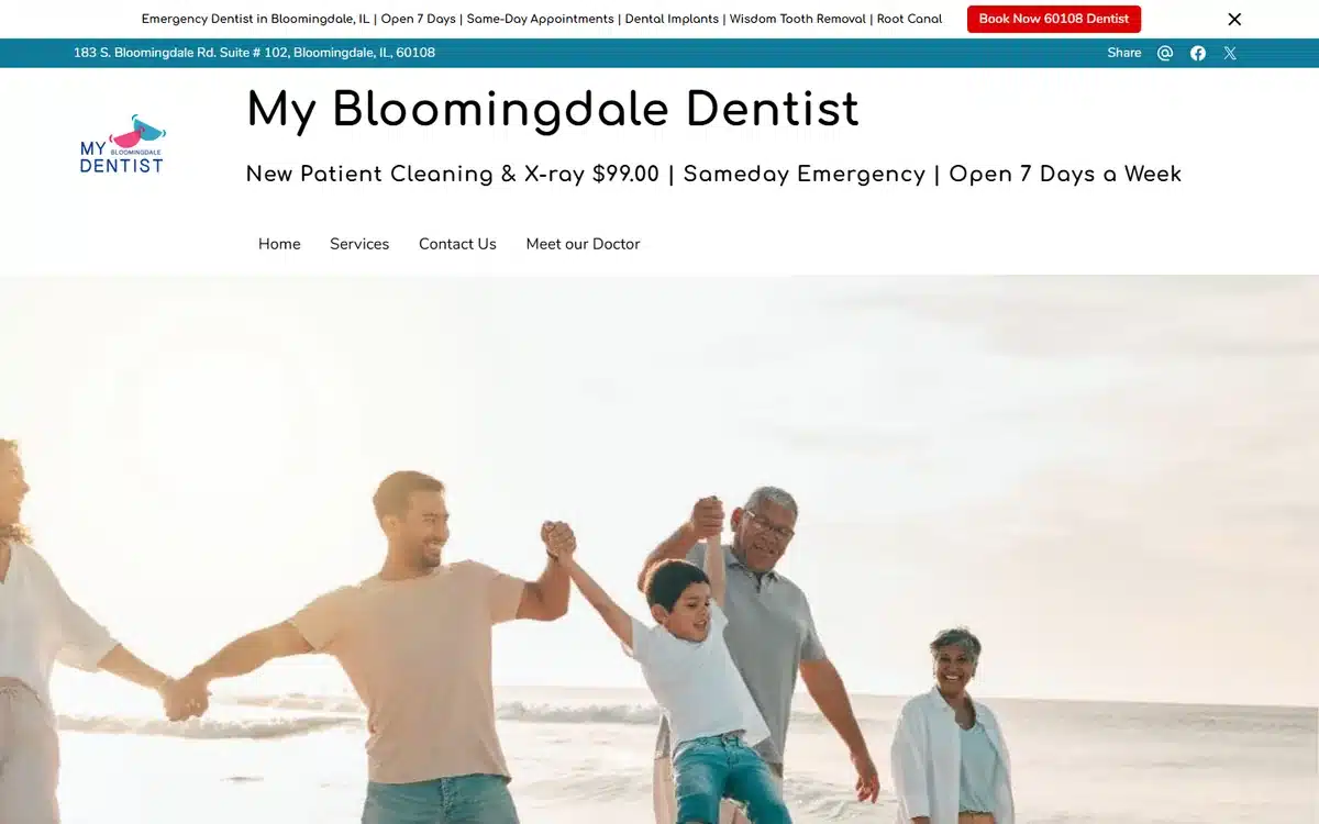 Bloomingdale Dental Center website with multi-generational family running on beach