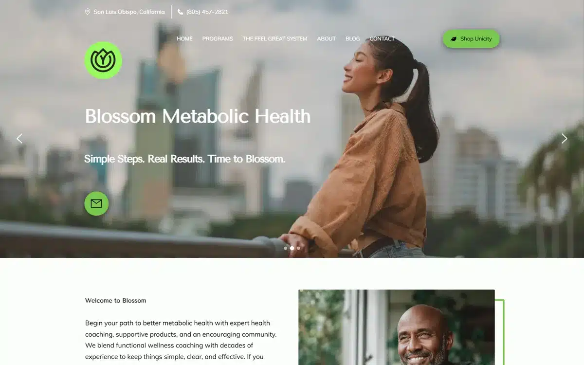 Blossom Metabolic Health website with bright joyful wellness hero