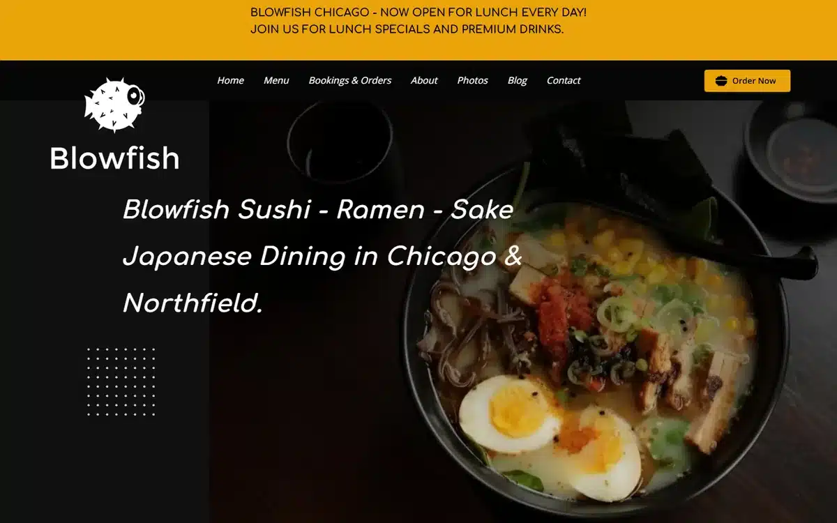 Blowfish Sushi & Ramen Chicago website with moody ramen bowl and minimal black layout