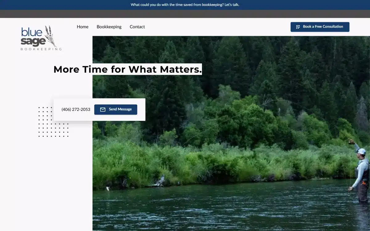 Blue Sage Bookkeeping accounting website with a Montana fly-fishing river hero subverting the typical desk-photo cliche
