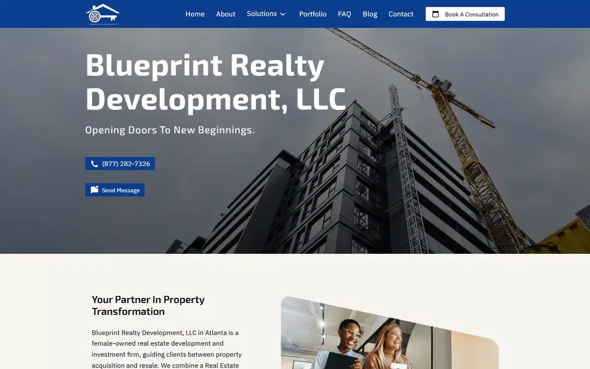 Blueprint Realty Development website with a construction crane hero communicating a development focus