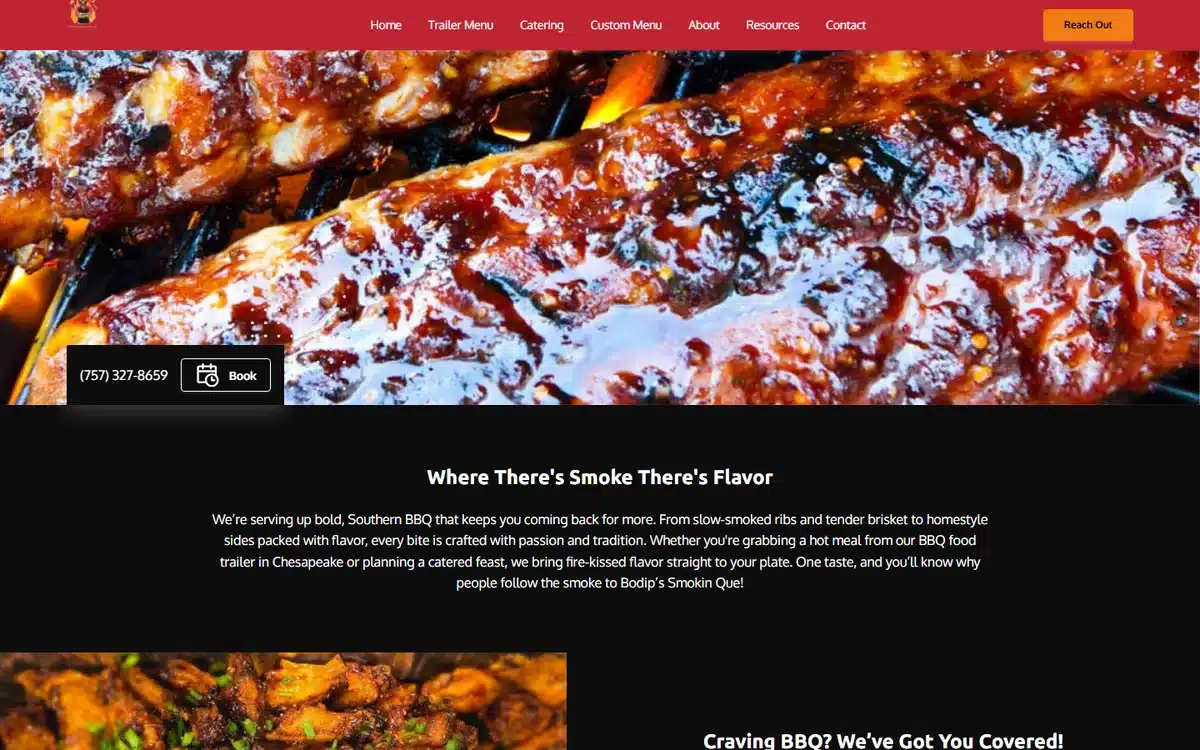 Bodip's Smokin' Que restaurant website homepage showing glistening BBQ ribs as the hero image