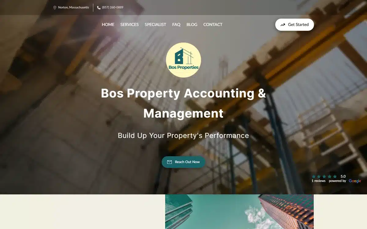 Bos Property Accounting and Management website with branded logo medallion over a scaffolding hero