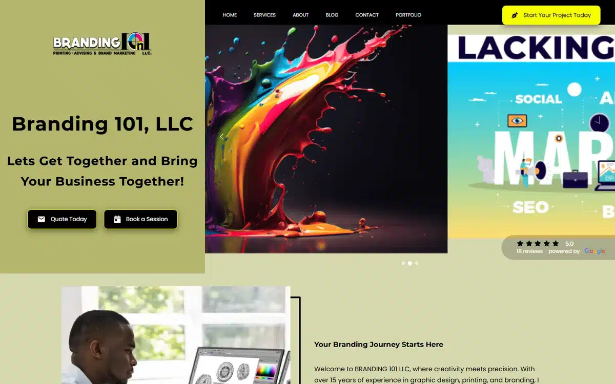 Branding 101 graphic designer website with a vivid rainbow paint-splash hero
