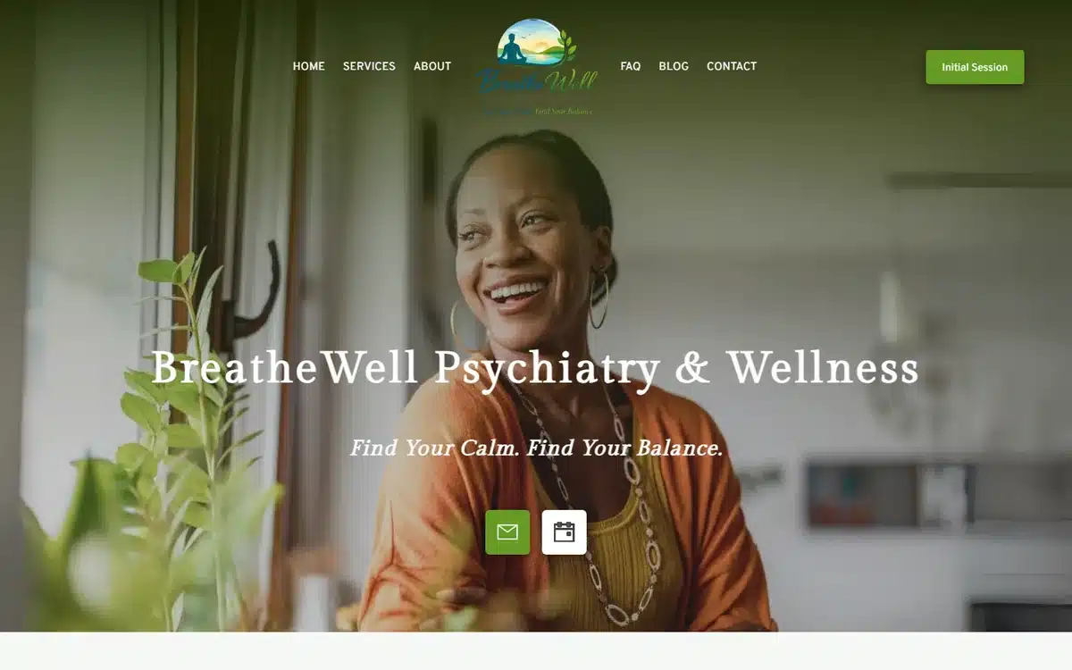 Breathewell Psychiatry and Wellness website with approachable hero portrait