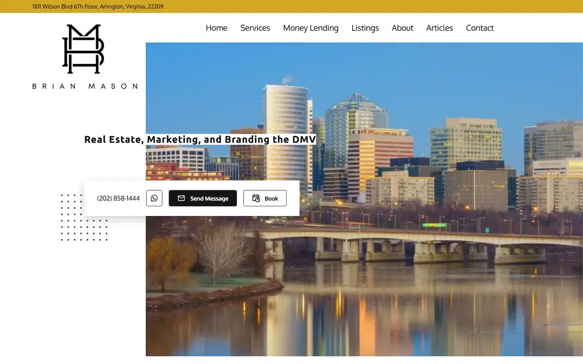 Brian Mason real estate website with a minimalist DMV monogram and clean skyline hero