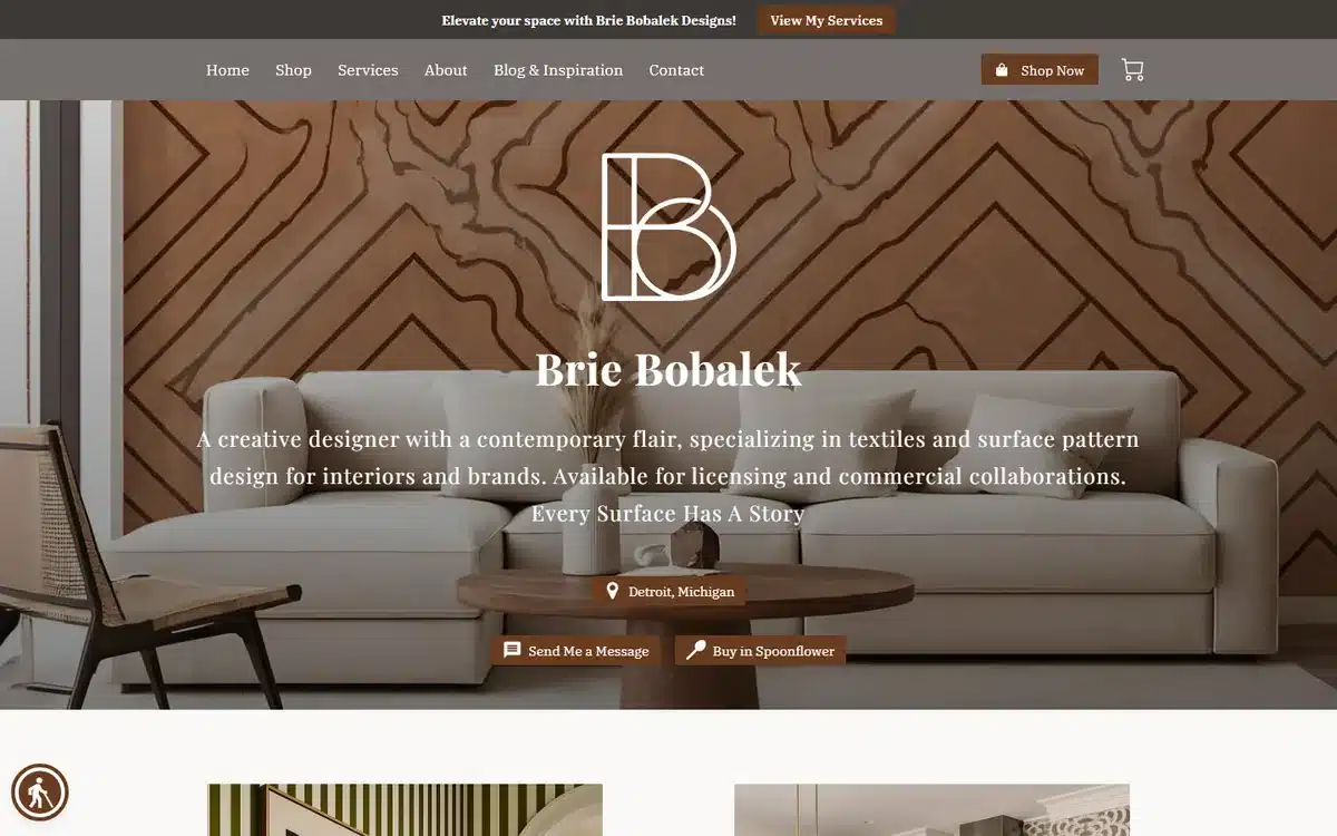 Brie Bobalek design portfolio website with an elegant monogram over a carved-wood feature wall