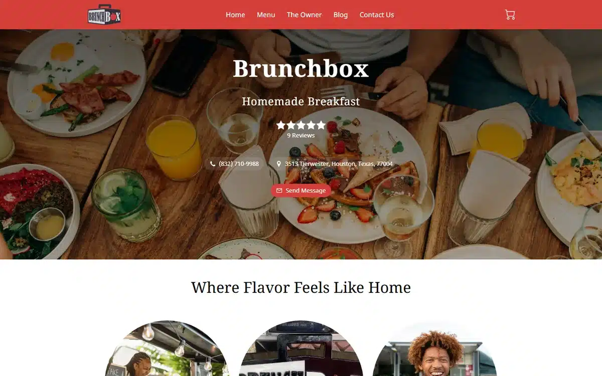 Brunchbox Houston website with top-down brunch table spread in warm earthy palette