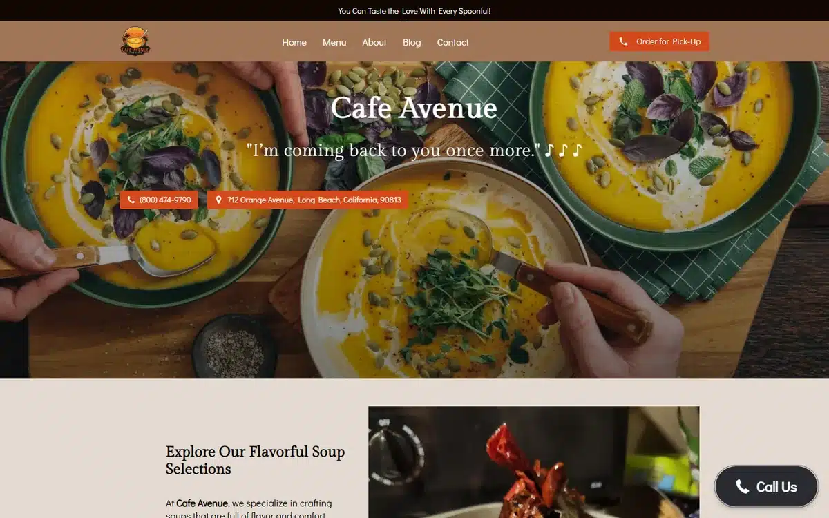 Cafe Avenue Long Beach website with top-down soup bowls hero and warm tones