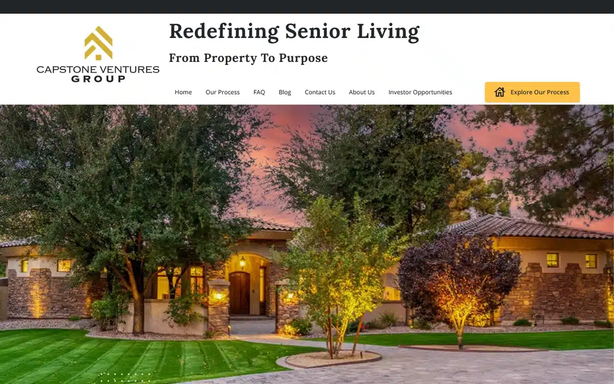 Capstone Ventures Group real estate website with twilight luxury home and Redefining Senior Living tagline