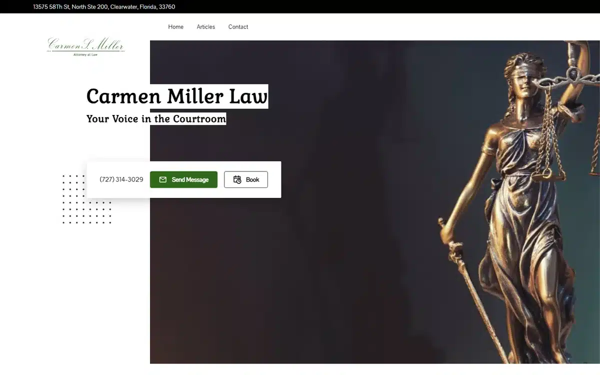 Carmen Miller Law website featuring bronze Lady Justice statue, dark palette and gold accents