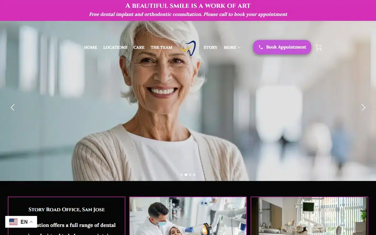 Castillo Dental Group website with mature patient portrait and tagline 'Beautiful smile is a work of art'