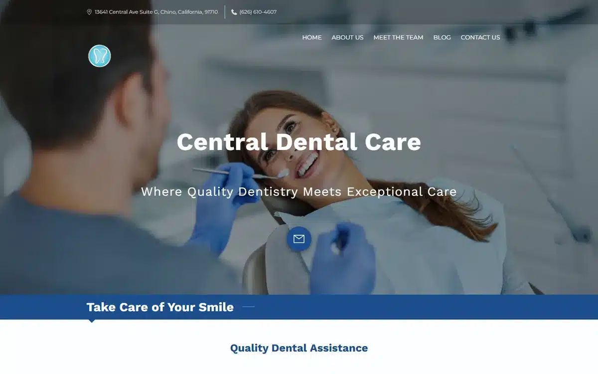Central Dental Care website with authentic dentist-at-work hero