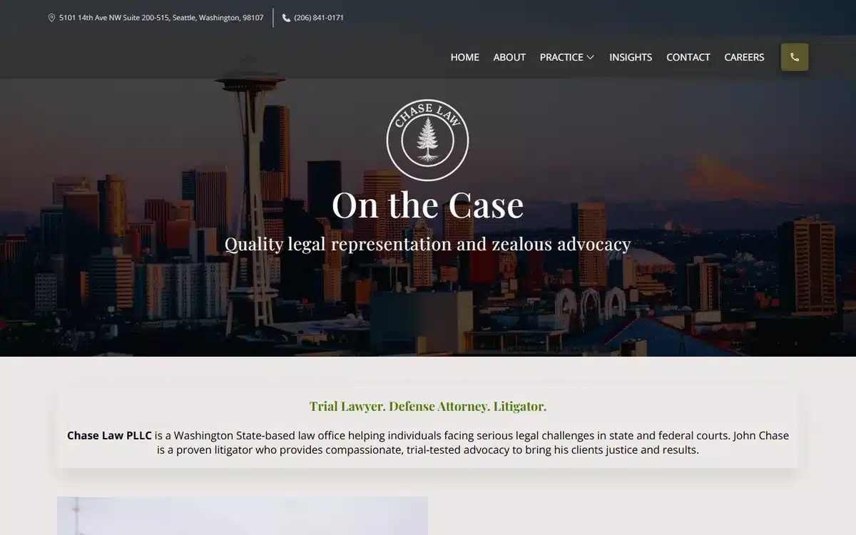 Chase Law website with Seattle skyline at golden hour and 'On the Case' tagline